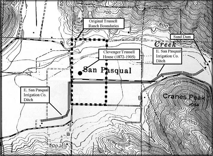 Topographical Map of San Pasqual: Showing the original Trussell Ranch boundaries and the approximate alignment of the the irrigation ditch before 1916